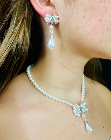 Pearl Blossom Drop Necklace 2pc Set (Silver) - women's statement jewelry
