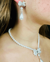 Pearl Blossom Drop Necklace 2pc Set (Silver) - Palazzo Couture Online