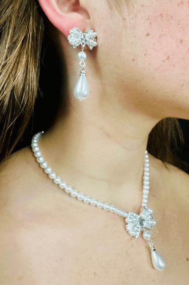 Pearl Blossom Drop Necklace 2pc Set (Silver) - Palazzo Couture Online