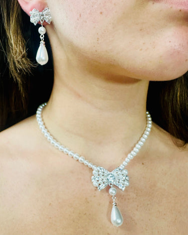 Pearl Blossom Drop Necklace 2pc Set (Silver) - elegant piece by Palazzo Couture