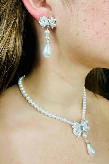 Pearl Blossom Drop Necklace 2pc Set (Silver) for women - fashion jewelry by Palazzo Couture