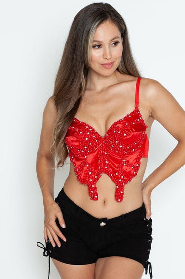 Pearl Butterfly Bliss Bustier Top (Red) - Palazzo Couture Online