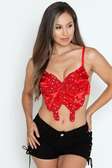 Pearl Butterfly Bliss Bustier Top (Red) for women - top by Palazzo Couture