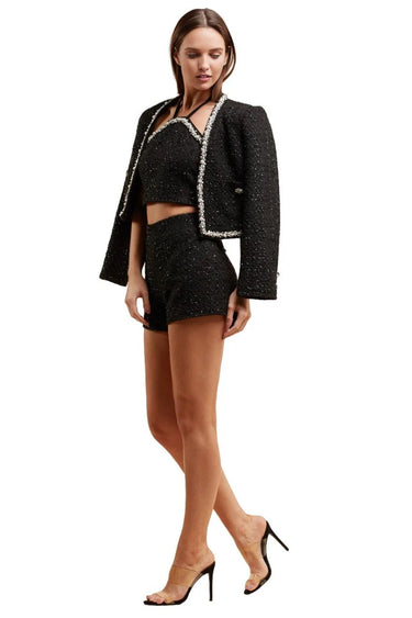 Pearl Essence Tweed Short Set (Black) full body look paired with heels and accessories