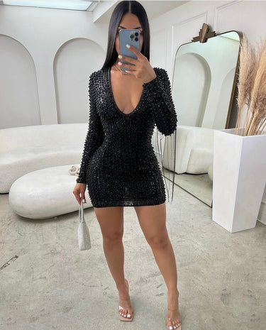 Pearl Glam Divina Short Dress (Black) - Palazzo Couture Online