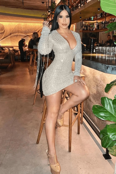 Pearl Glam Divina Silver Sequin Dress with Pearl Fringe Sleeves front view showing mini dress silhouette