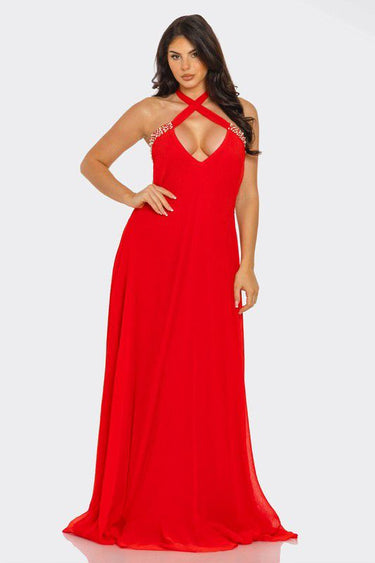 Pearl Luxe Halter Maxi Dress - Coral - Palazzo Couture Online