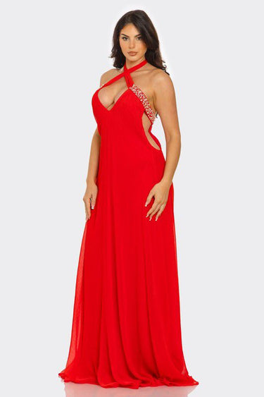 Pearl Luxe Halter Maxi Dress - Coral - Palazzo Couture Online