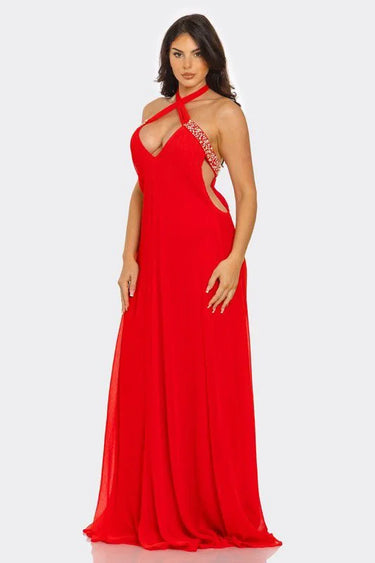 Women's Coral maxi dress halter style back view