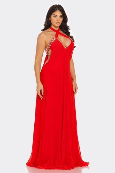 Pearl Luxe Halter Maxi Dress - Coral close up detail of halter design and fabric