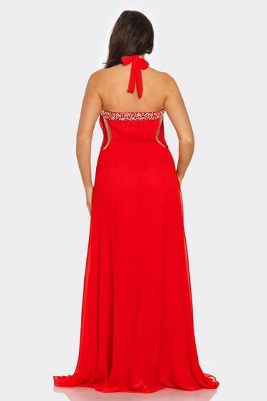Pearl Luxe Halter Maxi Dress - Coral side view highlighting floor-length hemline
