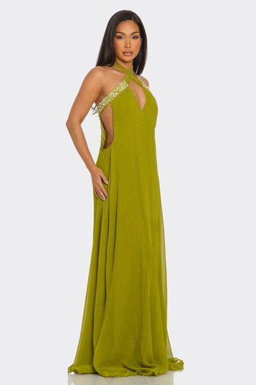 Pearl Luxe Halter Maxi Dress - Green - Palazzo Couture Online