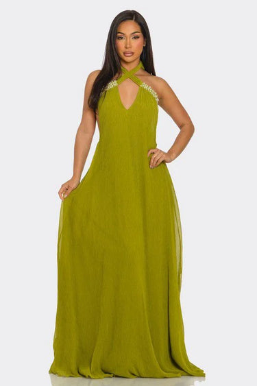 Women's Green maxi dress halter style back view