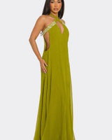 Pearl Luxe Halter Maxi Dress - Green showing sophisticated construction details