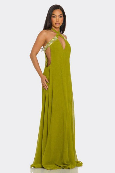 Pearl Luxe Halter Maxi Dress - Green showing sophisticated construction details