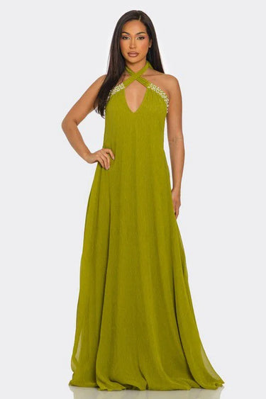 Pearl Luxe Halter Maxi Dress - Green close up detail of halter design and fabric