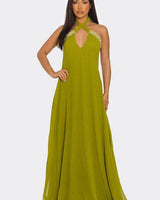 Pearl Luxe Halter Maxi Dress - Green front view showing full-length maxi silhouette