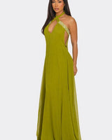 Pearl Luxe Halter Maxi Dress - Green side view highlighting floor-length hemline