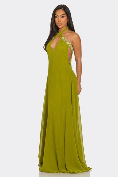Pearl Luxe Halter Maxi Dress - Green side view highlighting floor-length hemline