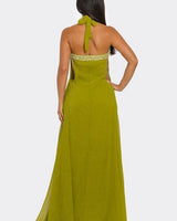 Elegant Green halter maxi dress on model styled for evening event