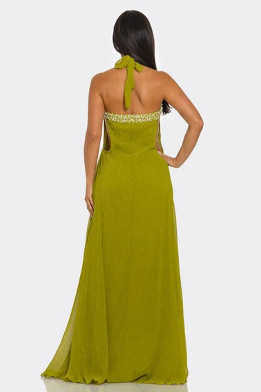 Elegant Green halter maxi dress on model styled for evening event
