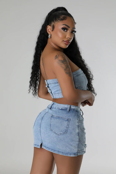 Pearlescent Denim Duo Skirt Set - Palazzo Couture Online