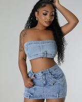 Pearlescent Denim Duo Skirt Set - Palazzo Couture Online