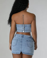 Pearlescent Denim Duo Skirt Set showing coordinated top and skirt construction