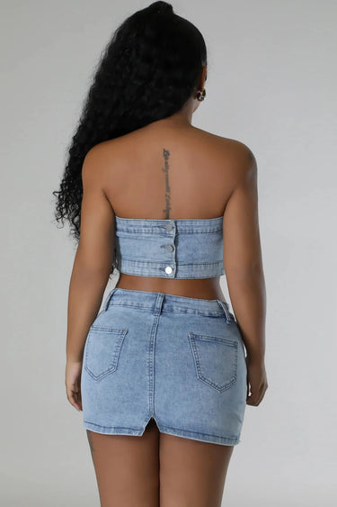 Pearlescent Denim Duo Skirt Set showing coordinated top and skirt construction