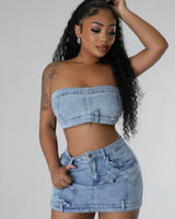 Pearlescent Denim Duo Skirt Set front view showing complete two piece skirt set