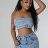 Pearlescent Denim Duo Skirt Set front view showing complete two piece skirt set
