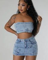 Pearlescent Denim Duo Skirt Set side view showing skirt silhouette and fit