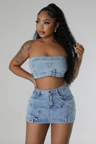 Pearlescent Denim Duo Skirt Set side view showing skirt silhouette and fit