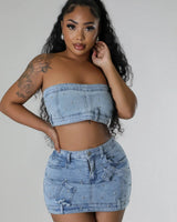 Elegant Denim denim two piece skirt set styled for going out