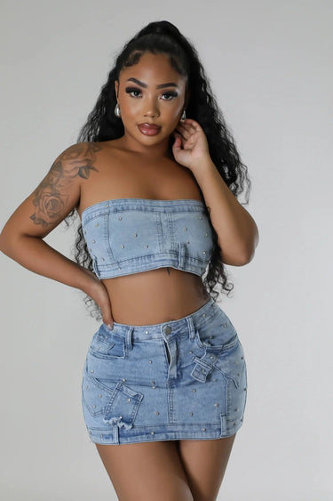 Elegant Denim denim two piece skirt set styled for going out