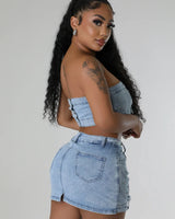 Pearlescent Denim Duo Skirt Set close up of denim top design and fabric