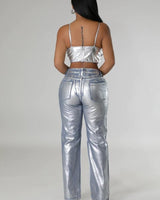 Wide-leg silver jeans with functional pockets