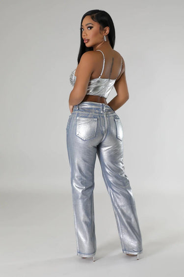 Silver jeans with wide-leg silhouette and metallic shine