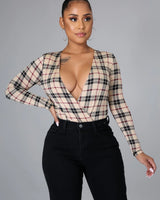 Women's Beige Print bodysuit fitted style back view