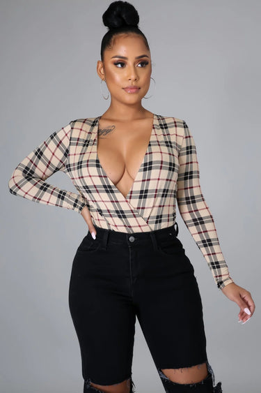 Women's Beige Print bodysuit fitted style back view