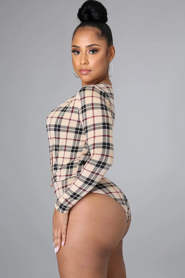 Perfect Harmony Bodysuit (Beige Print) close up of fitted fabric and design detail