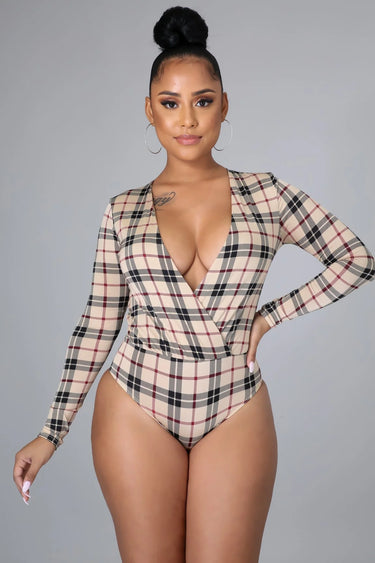 Perfect Harmony Bodysuit (Beige Print) front view showing bodysuit silhouette and fit