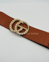 Perls Buckle Elastic Belt (Camel) - Palazzo Couture Online