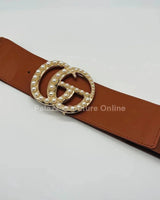 Perls Buckle Elastic Belt (Camel) - women's statement waist belt accessory