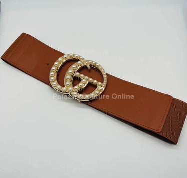 Perls Buckle Elastic Belt (Camel) - women's statement waist belt accessory
