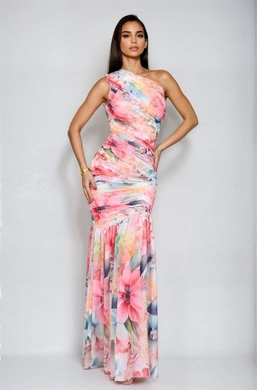Petal Whirl One - Shoulder Maxi Dress - Floral - Palazzo Couture Online