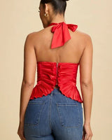 Peyton Red Pleated Halter Top with Open Back Detail - women's cropped top