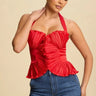 Peyton Red Pleated Halter Top with Open Back Detail for women - crop top by Palazzo Couture