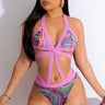 2 PCs  Wave Strappy Swimsuit and Sarong Set (Pink) - front view