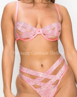 2 Pcs Rhinestone Strappy Bikini Set  (Hot Pink) - view 4